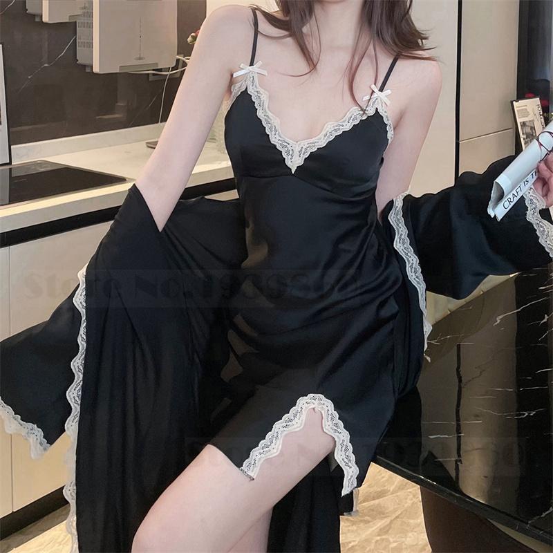 Peignoir sexy en dentelle, chemise de nuit, lingerie d'été, nouvelle collection, ensemble nuisette et peignoir pour femme, chemise de nuit en satin soyeux, vêtements de maison, vêtements de détente