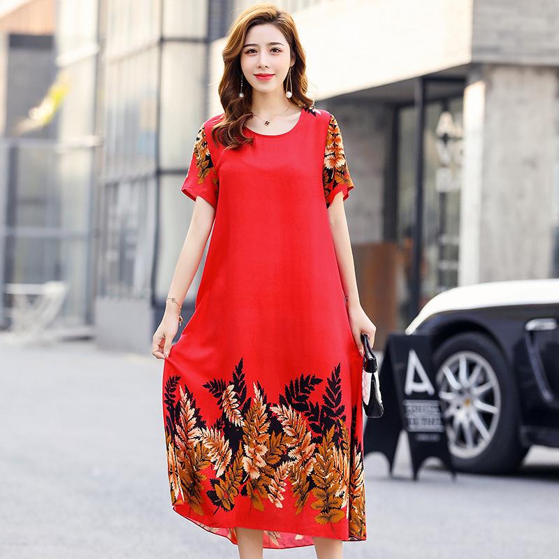 Dle Aged Mother Wearing Cotton Silk Dress Summer Dress for Long Vintage Loose Women Elegant Short Sleeve Casual O-neck Dresses Print Woman Clothing
