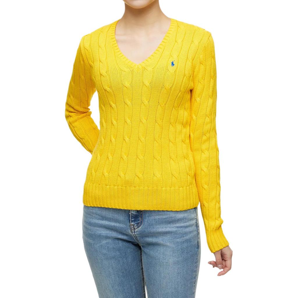 Maglione da donna in maglia a manica lunga con scollo a V tinta unita vestibilità slim Polo Ralph Lauren Giallo WMPOSWENC020659-700