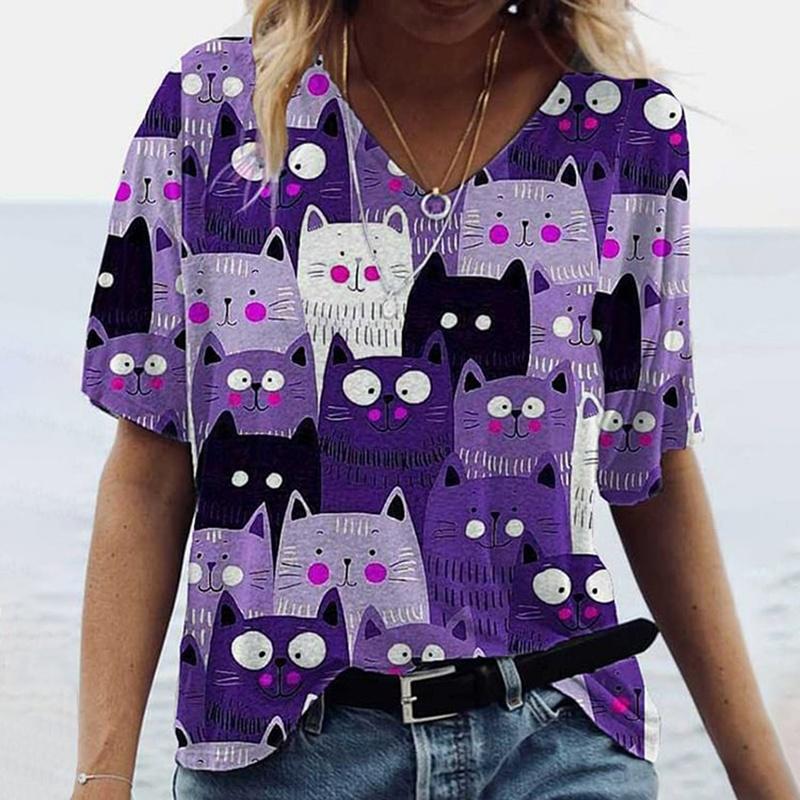Women's 3d Cats Print T-Shirt Fashion Woman Blouses 2025  Funny Kawaii V-Neck T Shirt Female Clothing Oversized Summer Tops Tees