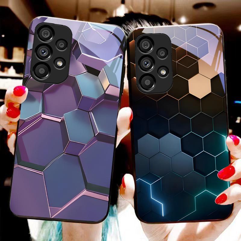Honeycomb Texture For Samsung Galaxy S10 S20 Plus S21 FE S22 S23 S24 FE S25 Ultra Black Tempered Glass Phone Case Hard Shell