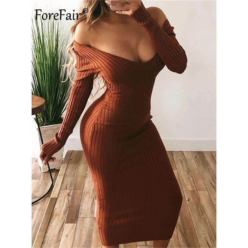 

Long Sleeve V Neck Bodycon Ribbed Knit Dress Women Solid Slim Casual Midi Female Clothing M чорний