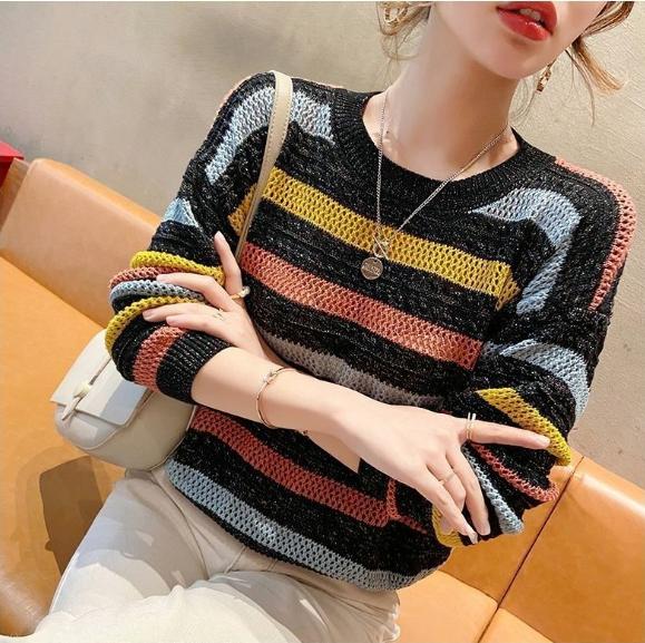 Women's Spring Autumn Hollow Color Striped Knitted Top Loose Fit Cropped Bat Top Thin Cover Ups