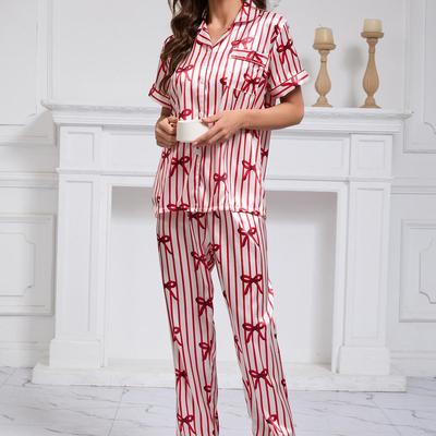 Striped 3D Print Short Sleeve Pajama Set for Women: Spring/Summer Homewear, Perfect for Christmas & Halloween.