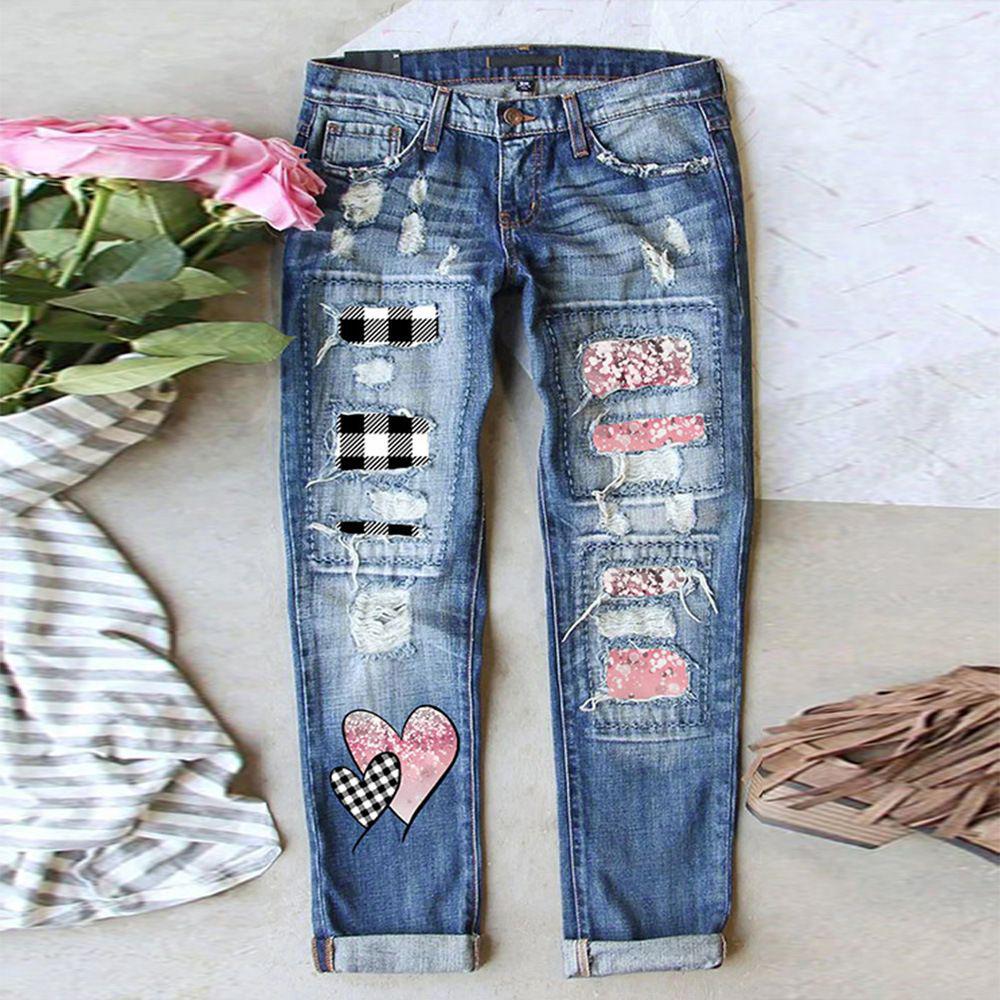 2023 Women s European and American Straight-Leg Jeans with Patch Print and Ripped Design Small