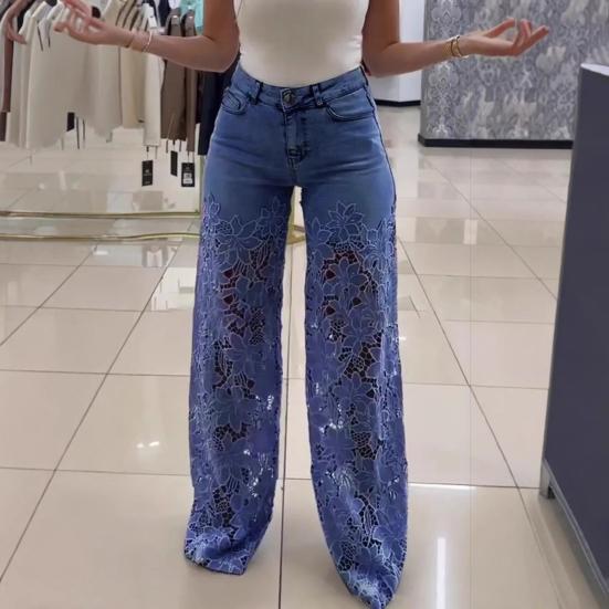 Casual Baggy Wide Leg Denim Pants with Lace Patchwork and Floral Hollow Out Design