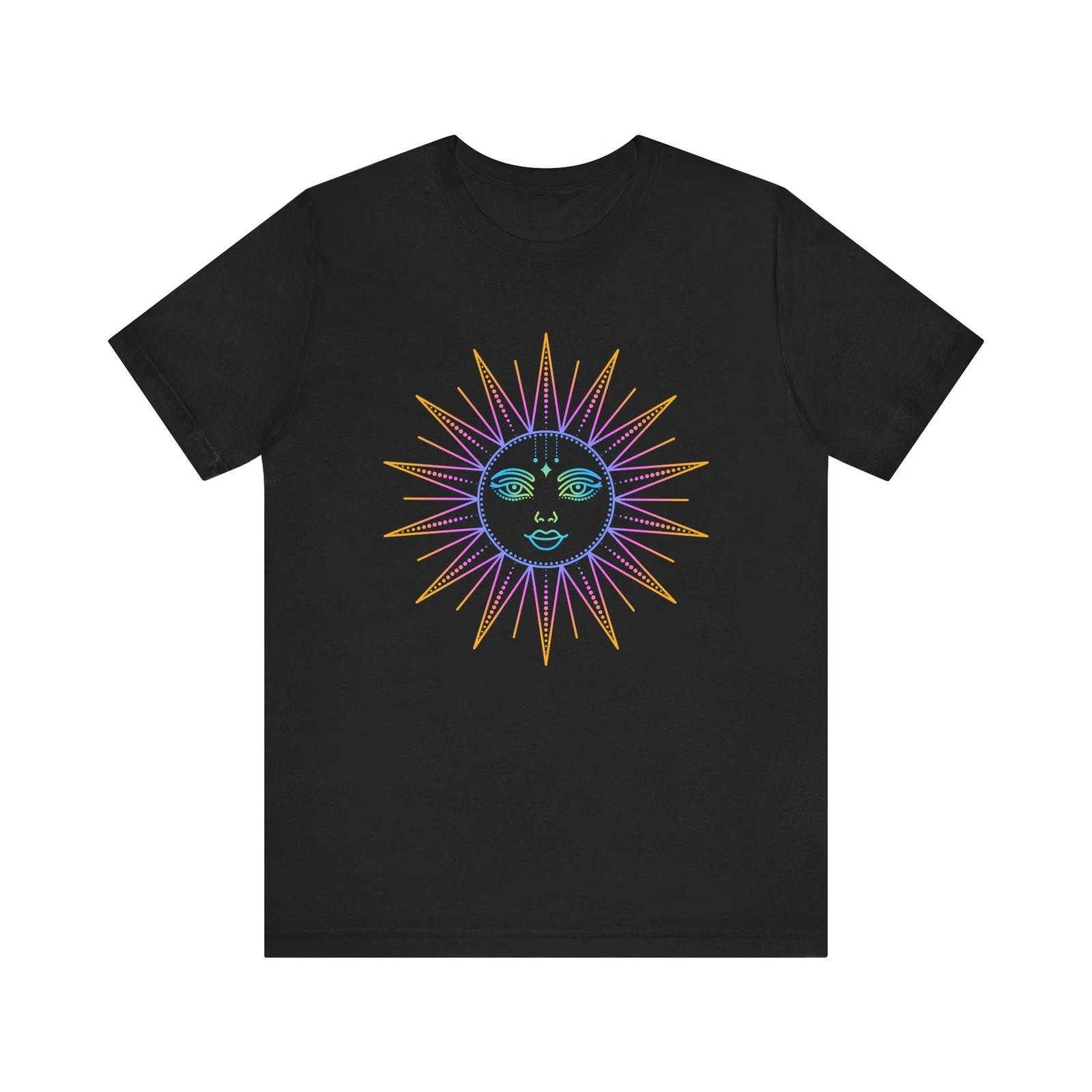 Rainbow Celestial Sun face T-Shirt | Boho Astrology Tee M