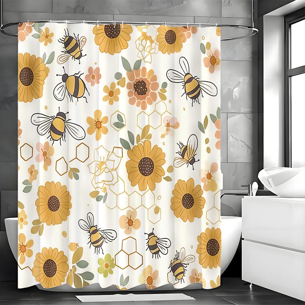 Yellow Floral Bee Shower Curtain, Bathroom Decorative Shower Curtain, Waterproof Shower Curtain with Hooks
