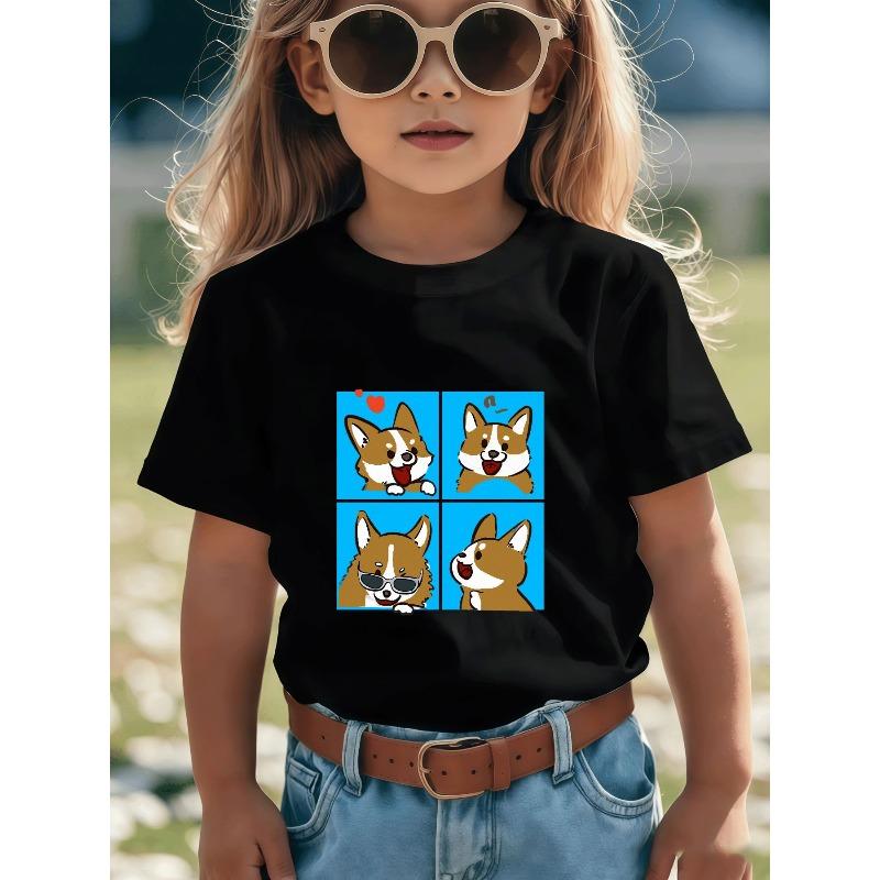 

European sizes Cute Cartoon Corgi Dog Print T-Shirt | Fresh Light Blue Background, Perfect for Summer, Outdoor Activities and Casual Wear 98cm чёрный