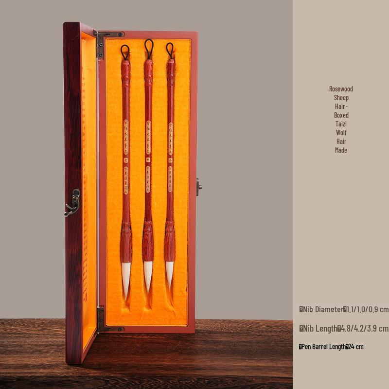 Rosewood Multi-Style Calligraphy Brush Set: Bristle, Wolf, Sheep Hair; Seal, Clerical, Running Script; Ou, Liu, Yan, Zhao Styles.