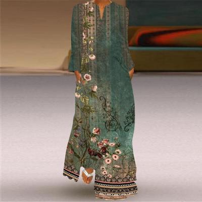 Nouvelle Robe Maxi Élégante Vintage pour Femmes Grande Taille Mode d'Été Décontractée Manches Longues Col en V Imprimée Robes Amples avec Poches 26415