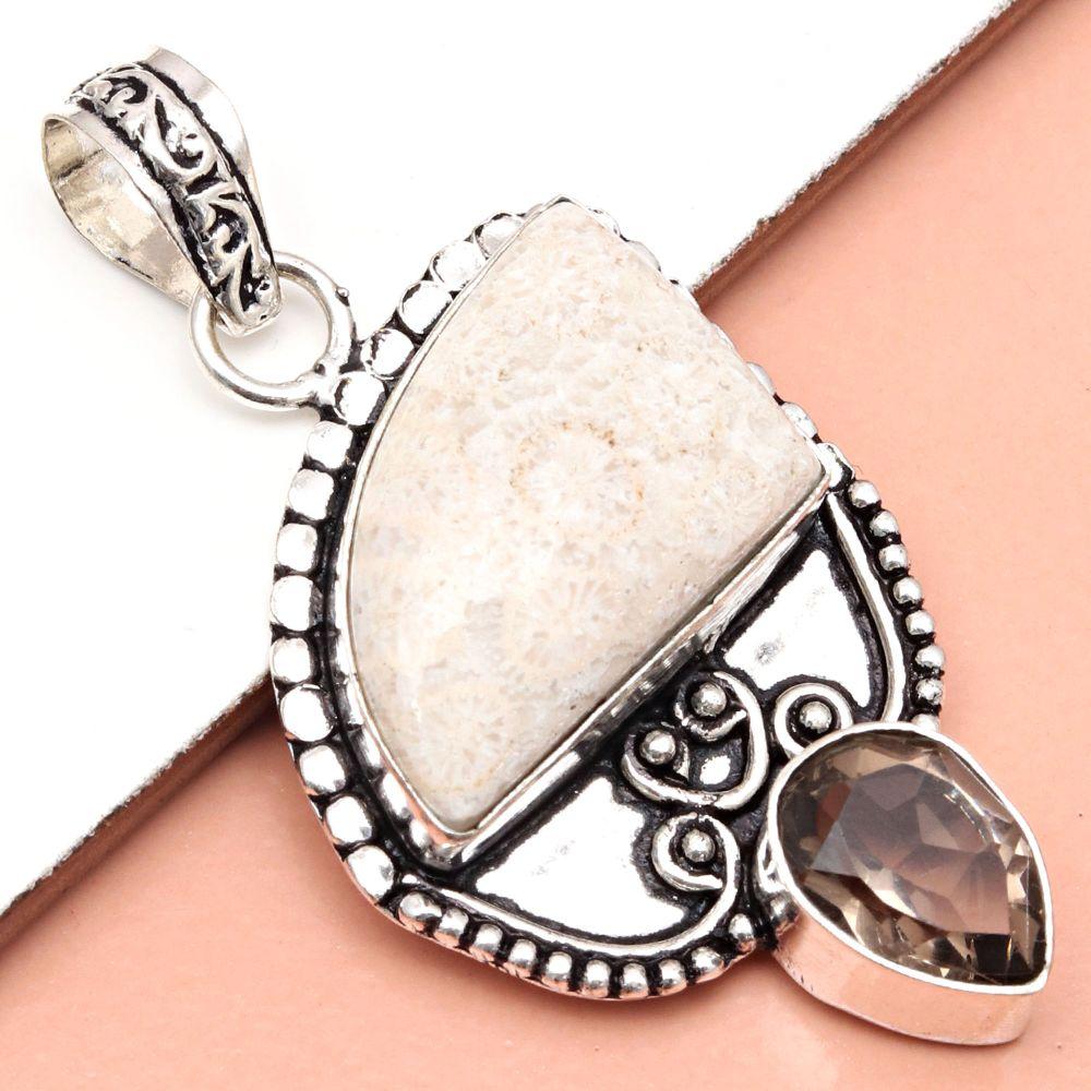 Pendant Fossil Coral Gemstone Gift For Her Silver Jewelry 2.25"