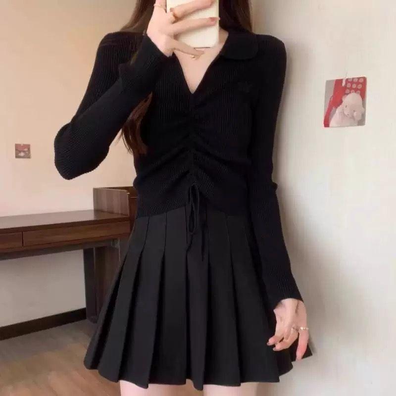 A New Large-sized Irregular Drawstring Top for Women's Autumn Wear with A Polo Collar and Shoulder
