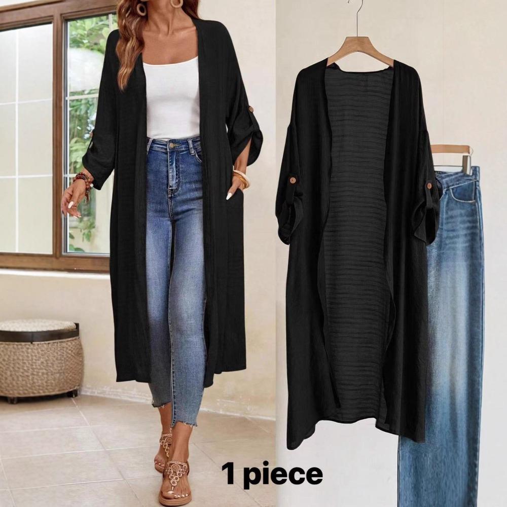 Women's Open Front Long Sleeve Maxi Cardigan Loose Solid Polyester Lightweight Cover Up Long Duster Outerwear With Side Pockets