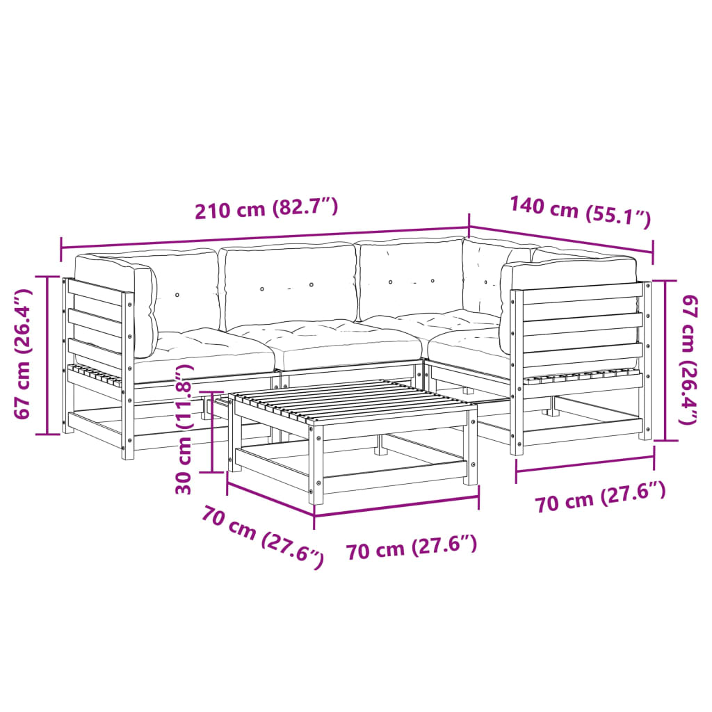 5 piece Garden Sofa Set with Cushions Wax Brown Pine Wood