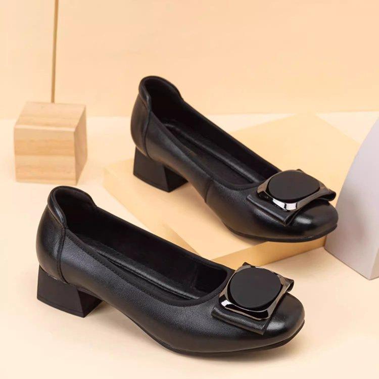 Autumn medium heel shallow mouth shoes new soft leather thick heel single shoes soft sole comfortable women's small leather shoes