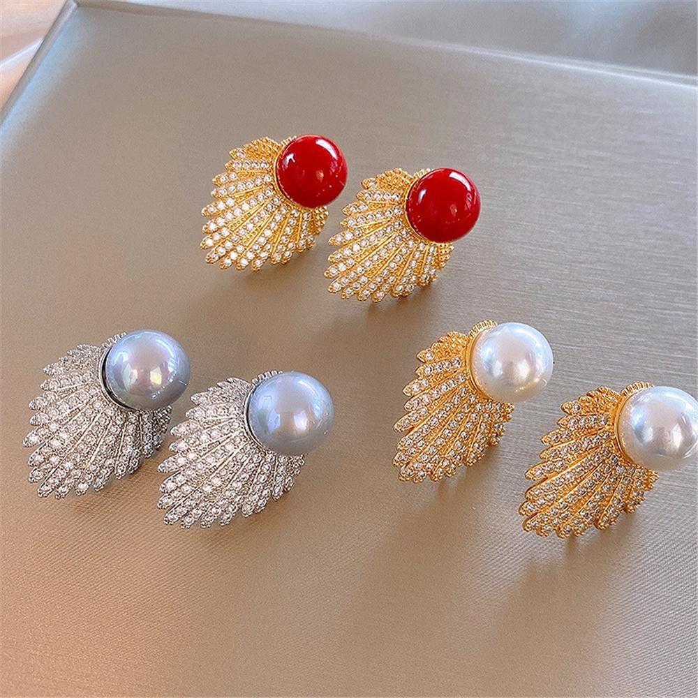 Cute Female White Red Pearl Gold Color Stud Earrings Vintage Bridal Wedding Jewelry For Women