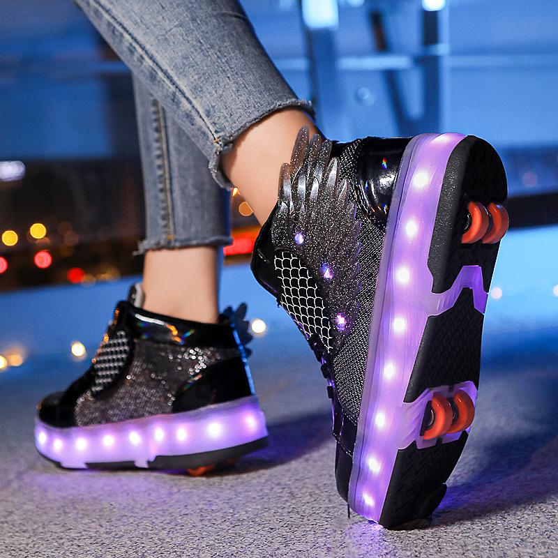 Kid's Four-wheel Detachable Flat Shoes Rechargeable LED Luminous Sports Shoes with Wings Children's Skates with Brakes Roller Skates sneakers