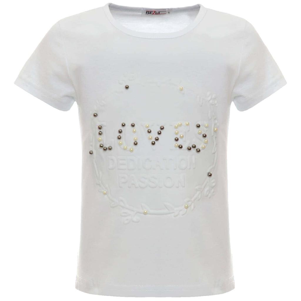 Girls Summer T-shirt with Faux Pearls and Print Motifs