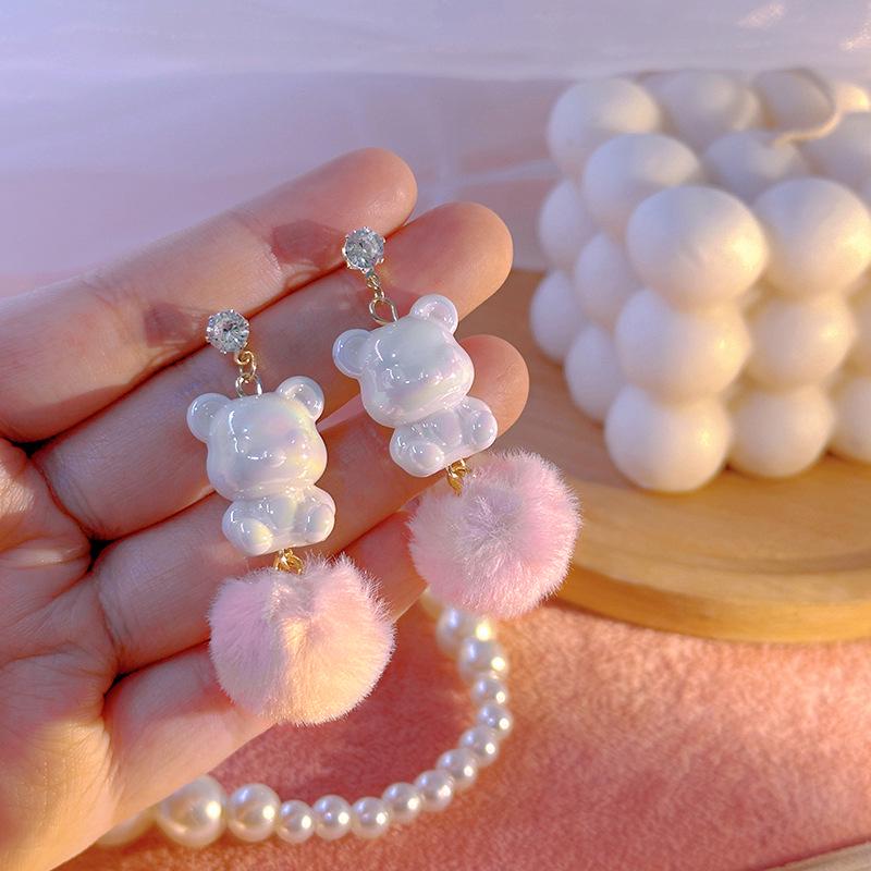 Stříbrné jehly Barevné kreslené medvídky a obláčky Pom-pom Asymetrické náušnice