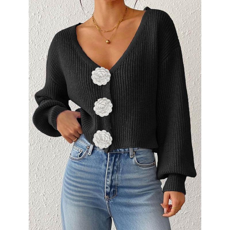 Women S Knitted Cardigan Sweater Streetwear Short Top With Crochet Buttons