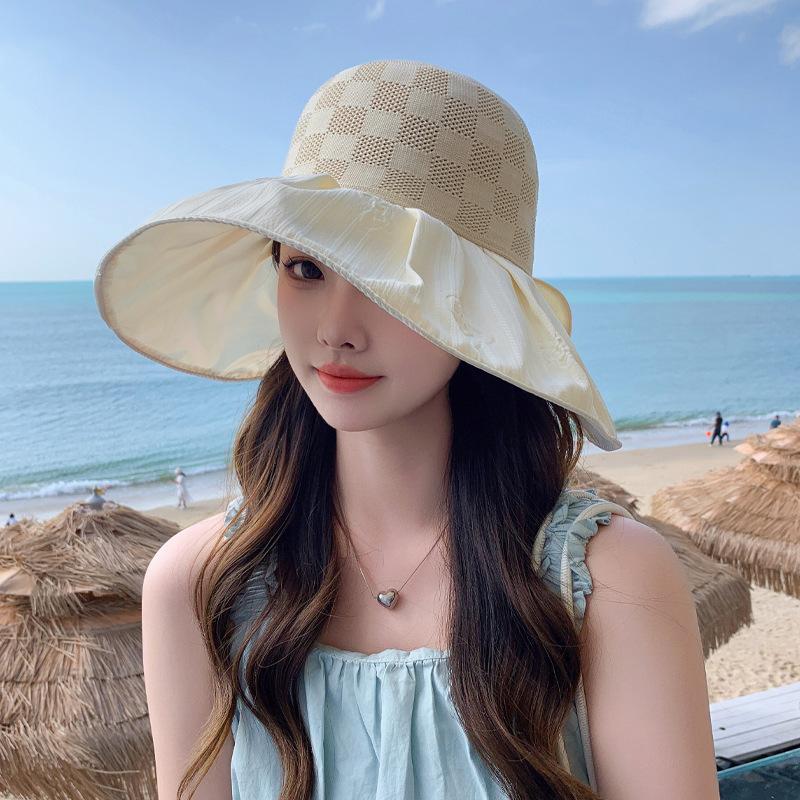 Summer New Hat Femininity Bow Colored Glue Sun Protection Visor Big Edge UV Protection Bucket Hat