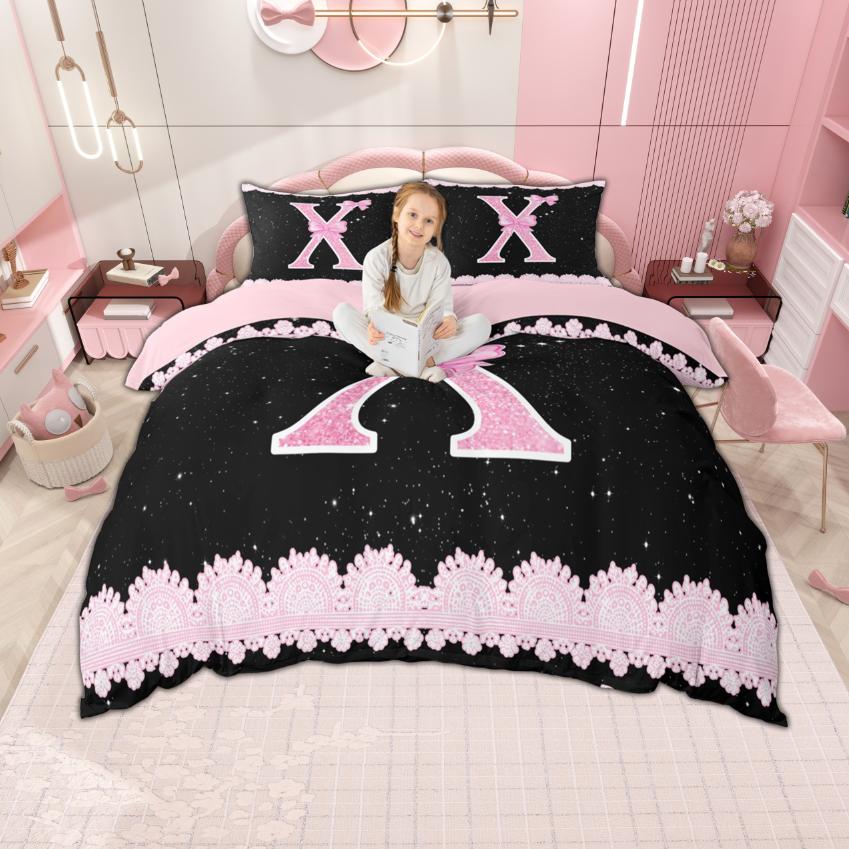 Homewish Personalized Initial M To Z Duvet Cover Set For Girl Black Pink Bedding Set Monogrammed Theme Bedroom Set Room Decor
