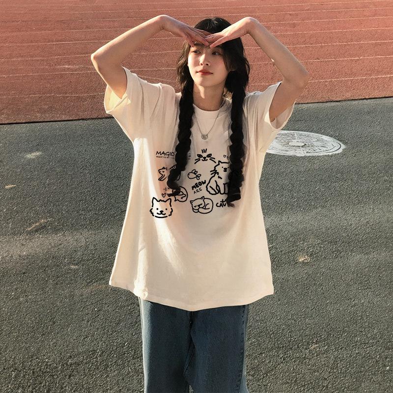 Korean Style Plus Size Cartoon Print Short Sleeve Women's Summer Loose Fit T-shirt