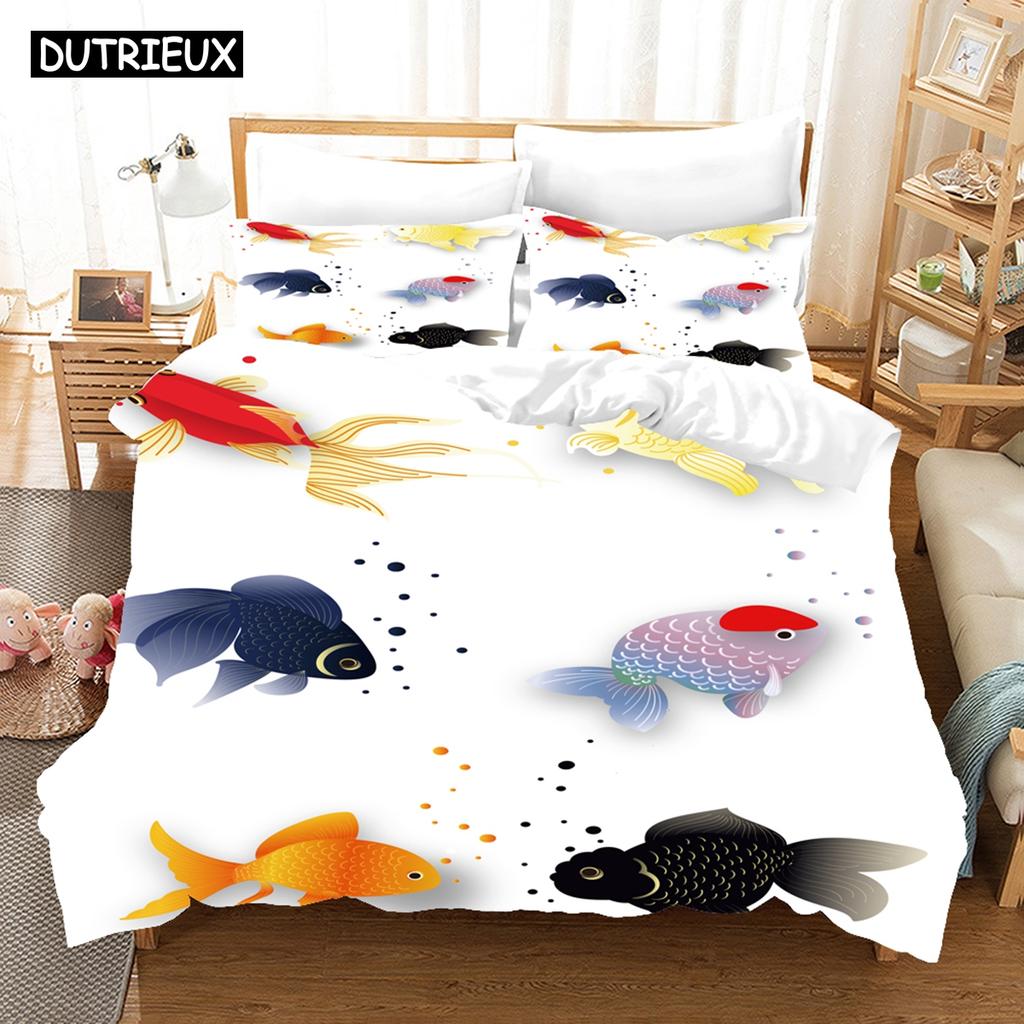 3D Printed Cartoon Fish Photo Chinoiserie Bedding Set Down Quilt Cover With Pillowcase Double Complete  King