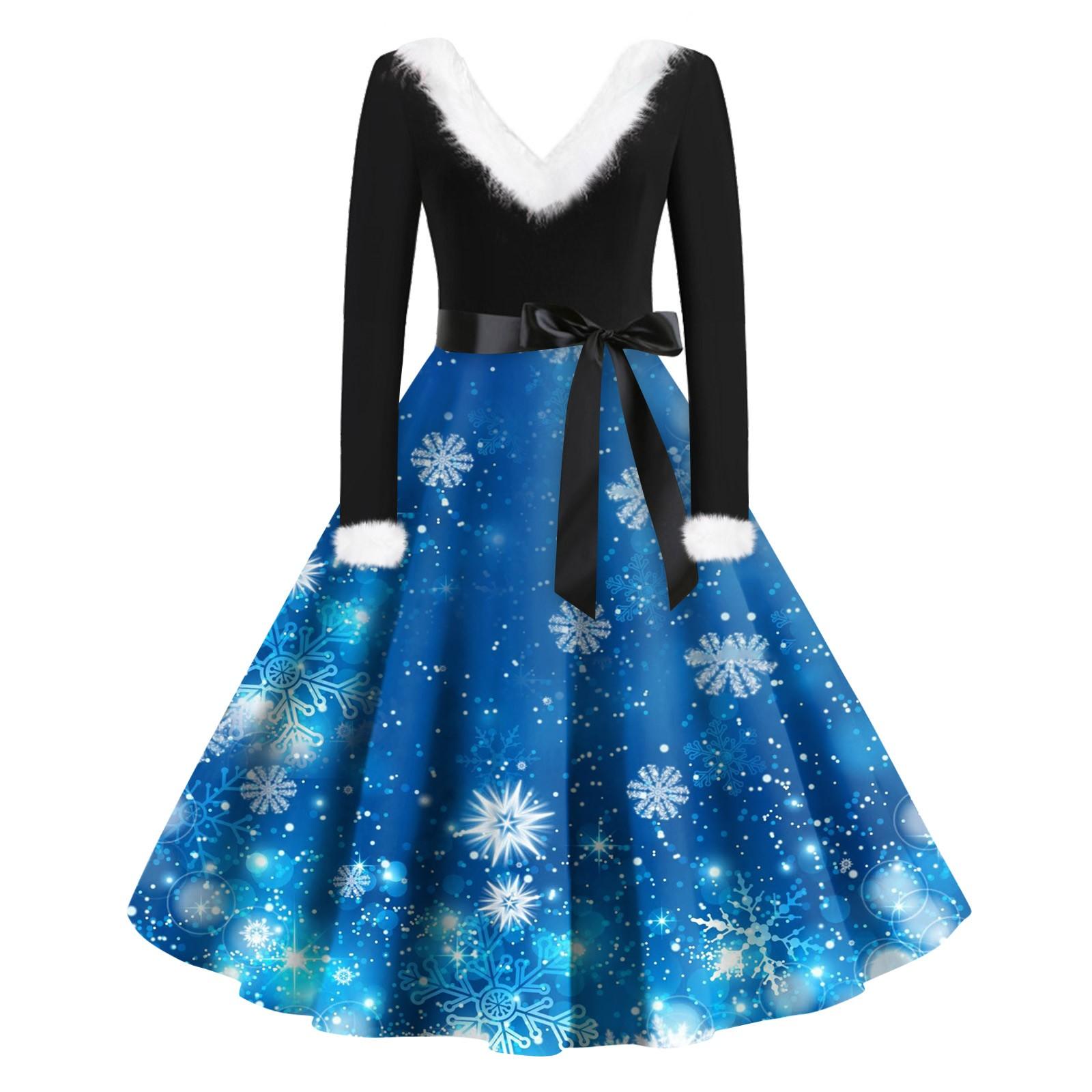 

Жіночі модні повсякденні тонкі різдвяні вовняні сукні з довгими рукавами з принтом і V-подібним вирізом S синій