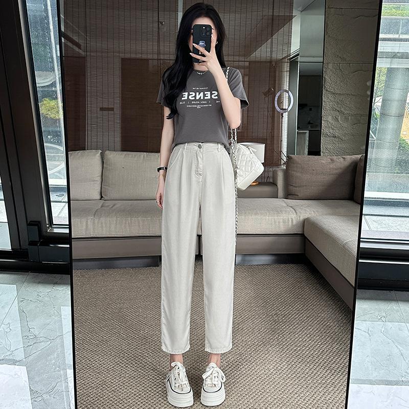 Jeans da tennis piccoli da donna estivi sottili a vita alta pantaloni harem da donna estivi snellenti a otto o nove punti pantaloni da papà