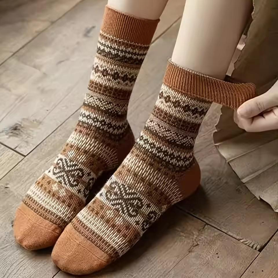 Mid-Calf Socks for Women - Ethnic Style, Fashionable Chunky Design for Autumn and Winter