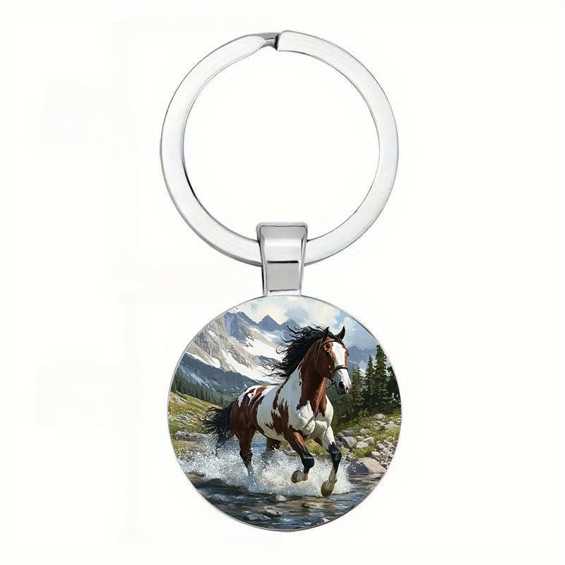 Running Horse Keychain Single-Sided Glass Cabochon Horse Pattern Animal Key Ring Equestrian Accessories For Men Women