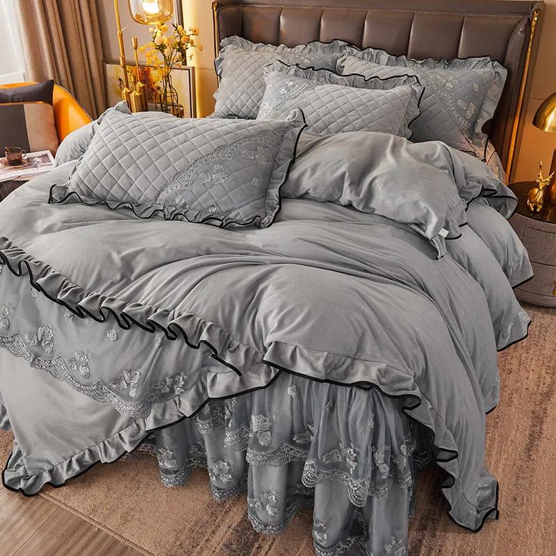 AI WINSURE-French 4pcs Bedding Set, Velvet Duvet Cover, Lace Bedspread, Queen Double King Size, Luxury, Soft Thick, for Winter