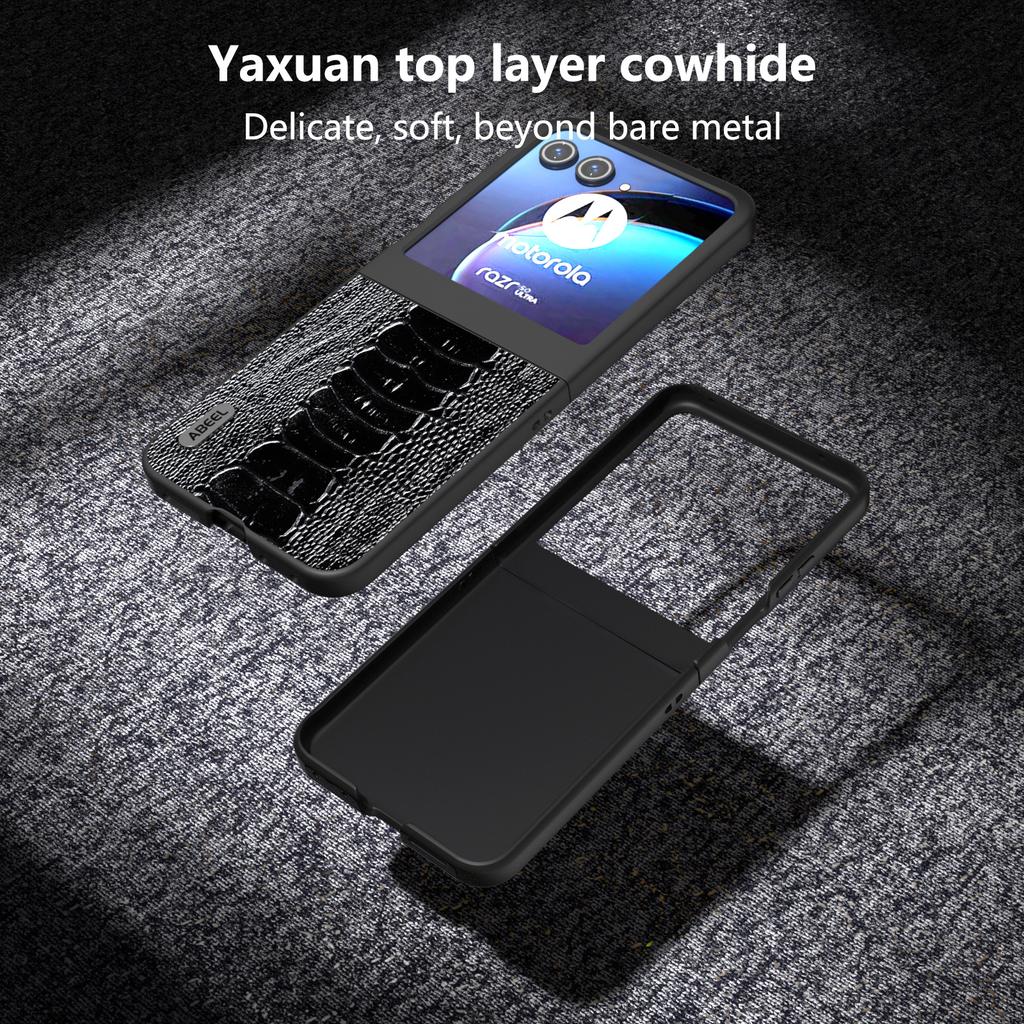 For Motorola Razr 50 5G Case Genuine Cow Leather+PC Hard Phone Cover Crocodile Texture