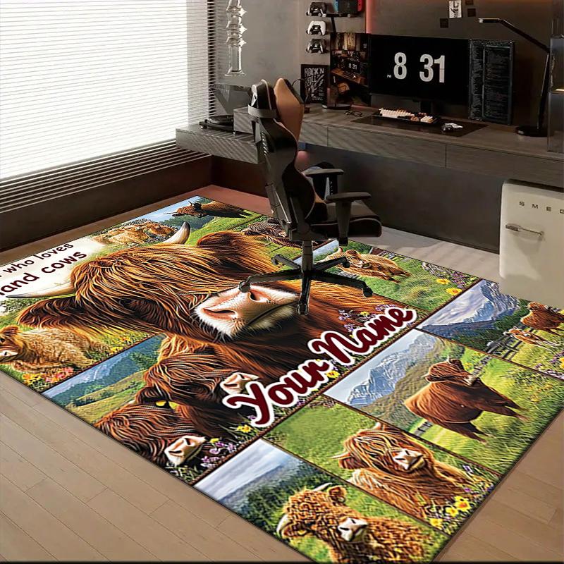 1PC Custom Name Love Highland Cows Theme Floor Mat Ideal for Living Room, Game Rooms, Office, Bedroom,Floor Mat Playful Design