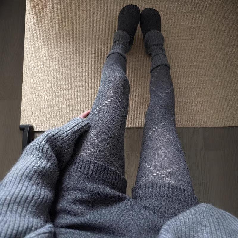 High-End Gray Rhombus Pattern Leggings Pantyhose Autumn And Winter Explosion Micro-Pressure Thin Small Fragrant Pantyhose Beautiful Leg Socks
