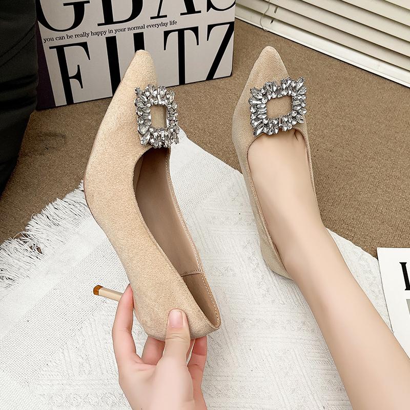 Women Pumps 2025 New Square Buckle Pointed Heels Women Thin Heeled Baotou Banquet High Heels Shoes for Women Zapatos De Mujer