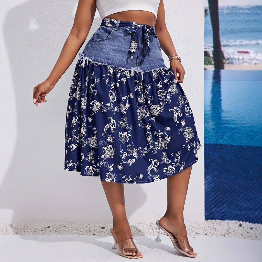 Gonne Midi in Denim da Donna Vita Alta Patchwork di Denim Chiffon Floreale Svasata Gonna in Jeans da Donna Lunga Elasticizzata Linea ad A Volant Svasata Gonna in Jeans Taglie Forti