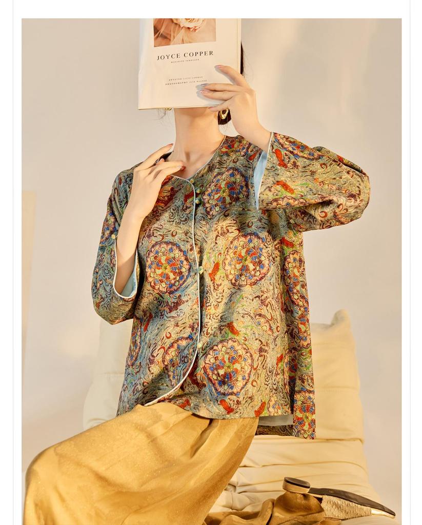 High-End Asymmetrical Embroidered Silk Print Jacket, Chinese Style, Autumn Top N8042