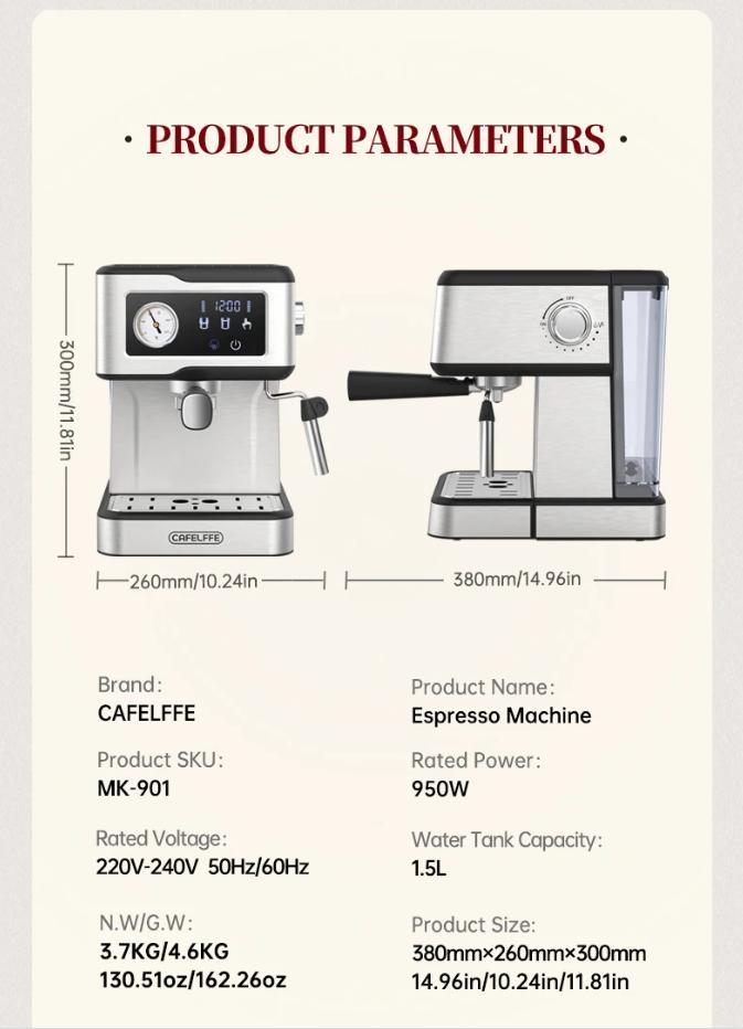 Coffee Machine MK-901 20Bar, Cappuccino Machine with Milk Cream Steam Stick, Semi-automatic Self-service Restaurant Gift