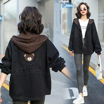 Korean Style Loose Fit Embroidered Bear Color Block Hooded Denim Jacket for Women