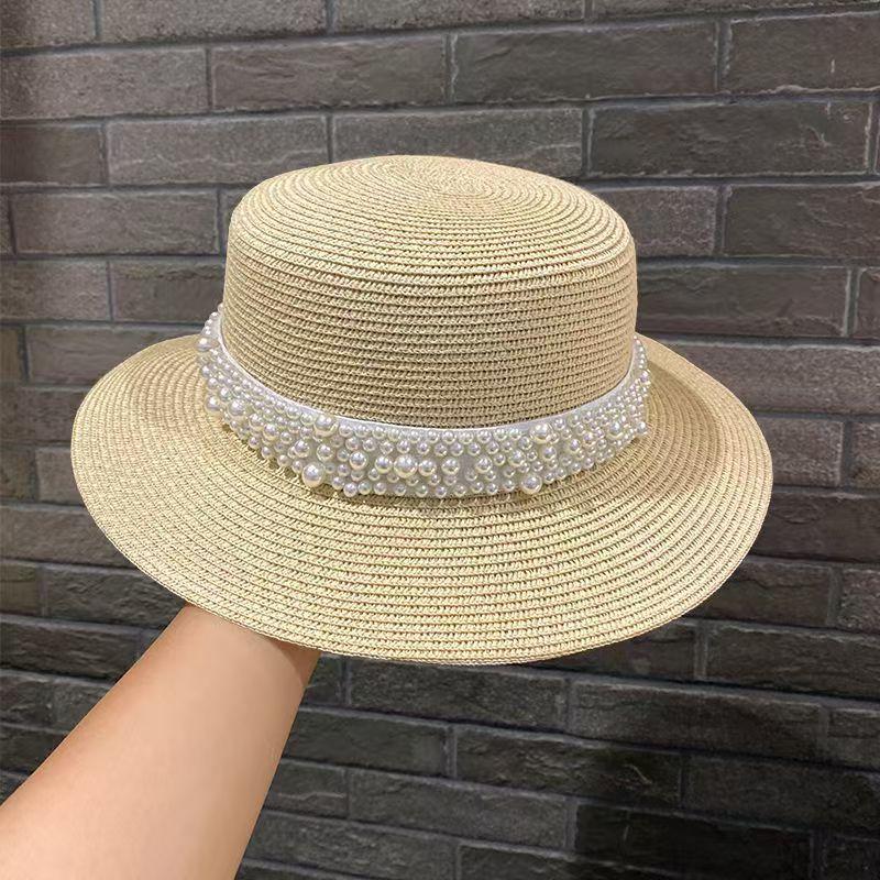 South Korea pearl flat top straw hat women travel vacation sunscreen fashion versatile top hat summer hat tide straw weaving