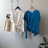 Summer New Short Sleeve Cotton Casual T-shirt Women Irregular Design Tied Solid Base Loose T Shirt Women Fashion Round Neck Simple Lady Tee Tops 25927