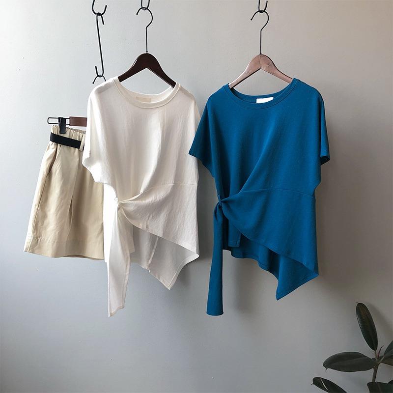 Summer New Short Sleeve Cotton Casual T-shirt Women Irregular Design Tied Solid Base Loose T Shirt Women Fashion Round Neck Simple Lady Tee Tops 25927