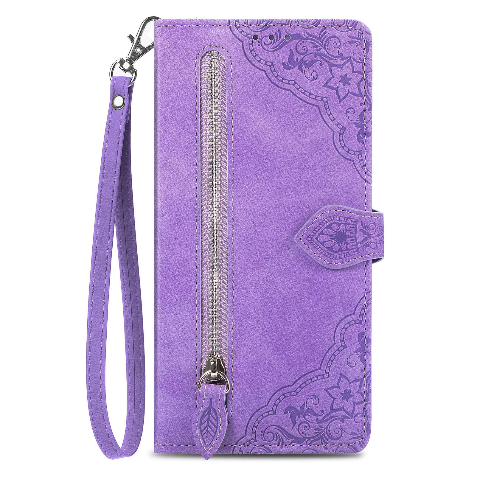 

For Motorola Moto G56 5G Zipper Wallet Case with Strap Flower Imprint PU Leather Phone Cover Purple