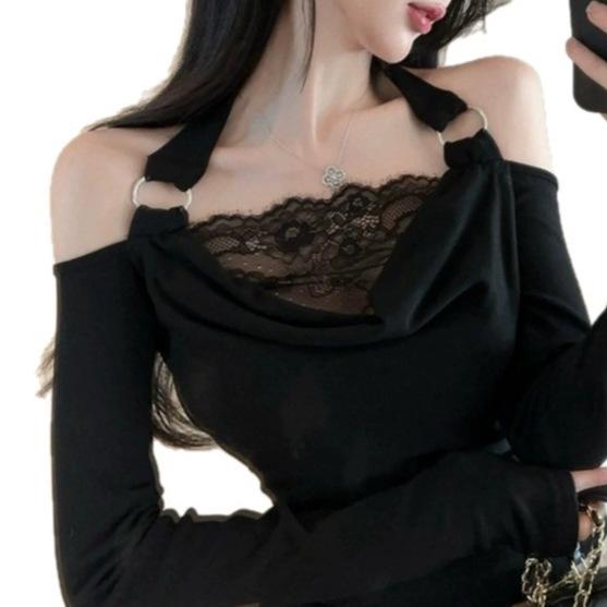 Autumn Winter Modal Lace Halter Slim Fit Long Sleeve Women's Top
