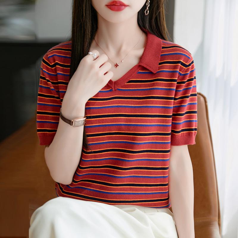 Pure Cotton Stripe V-neck Short-sleeved Women's Summer New Fashionable and Versatile Small Lapel T-shirt Atmospheric Loose and Comfortable Top