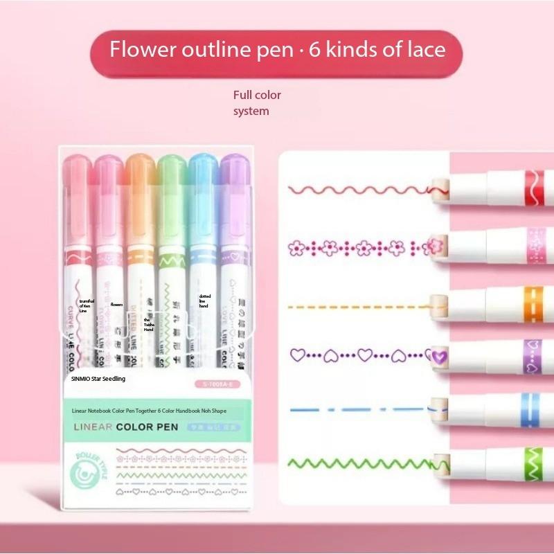 6pcs Line Shaped Highlighter Roller Tip Curve Liner Marker Pens Graffiti Pen Kawaii Korean Stationery School Office Supplies