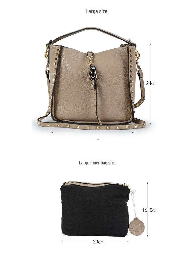 Echt Lederen Nieten Emmer Tas met Tijgerkop - Trendy Europese & Amerikaanse Crossbody Schouder Handtas